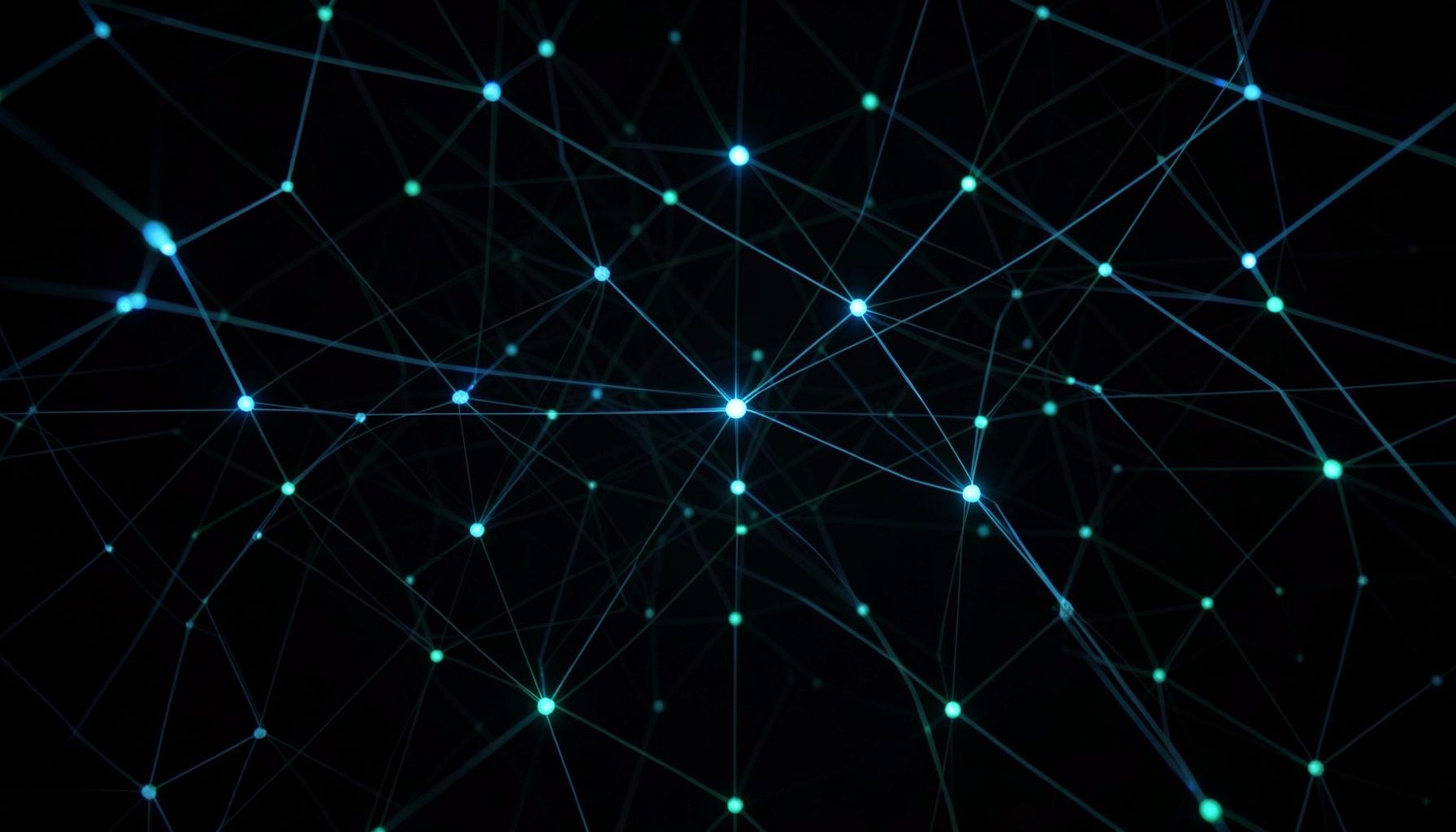 Dark abstract network topology with glowing blue and teal nodes interconnected by fine lines, evoking a command-line net