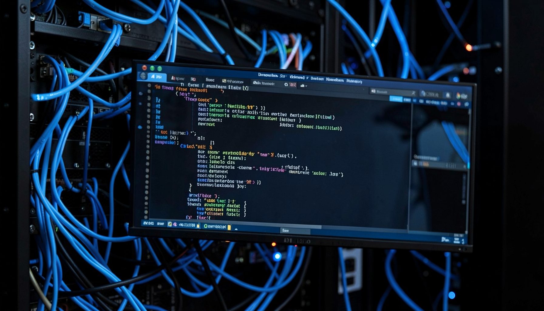 Dark server-room backdrop with glowing blue network cables and a terminal window displaying network configuration commands