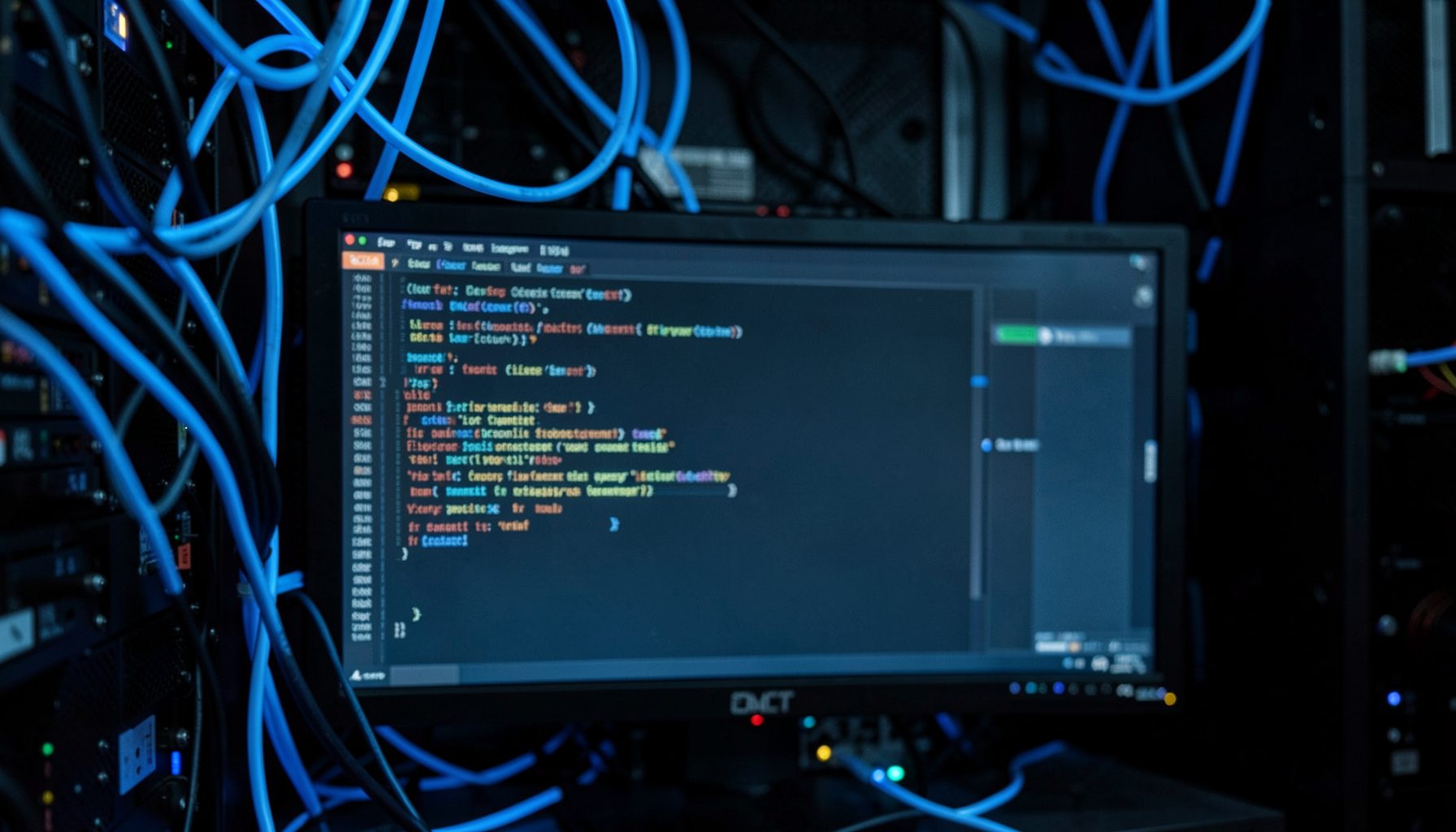 Dark server-room backdrop with glowing blue network cables and a softly lit terminal screen, evoking a technical command center