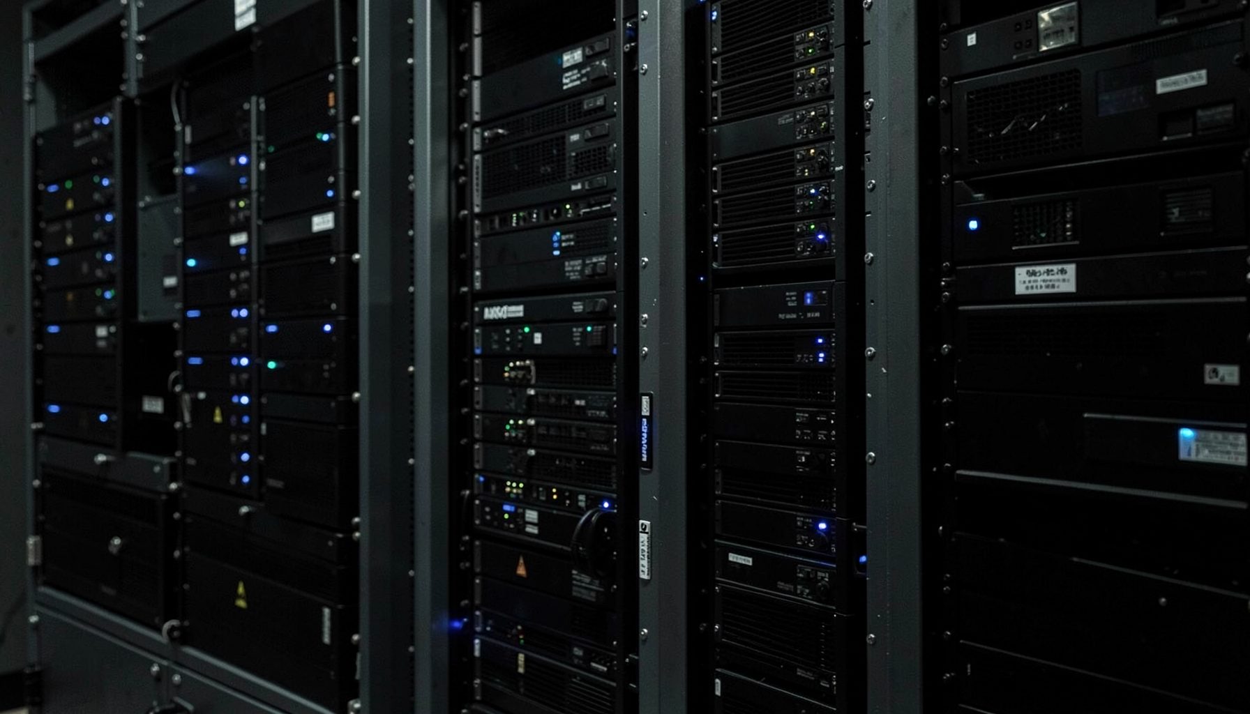 Dark server-room backdrop with rows of rack-mounted equipment, faint blue indicator lights glowing against black metal panels