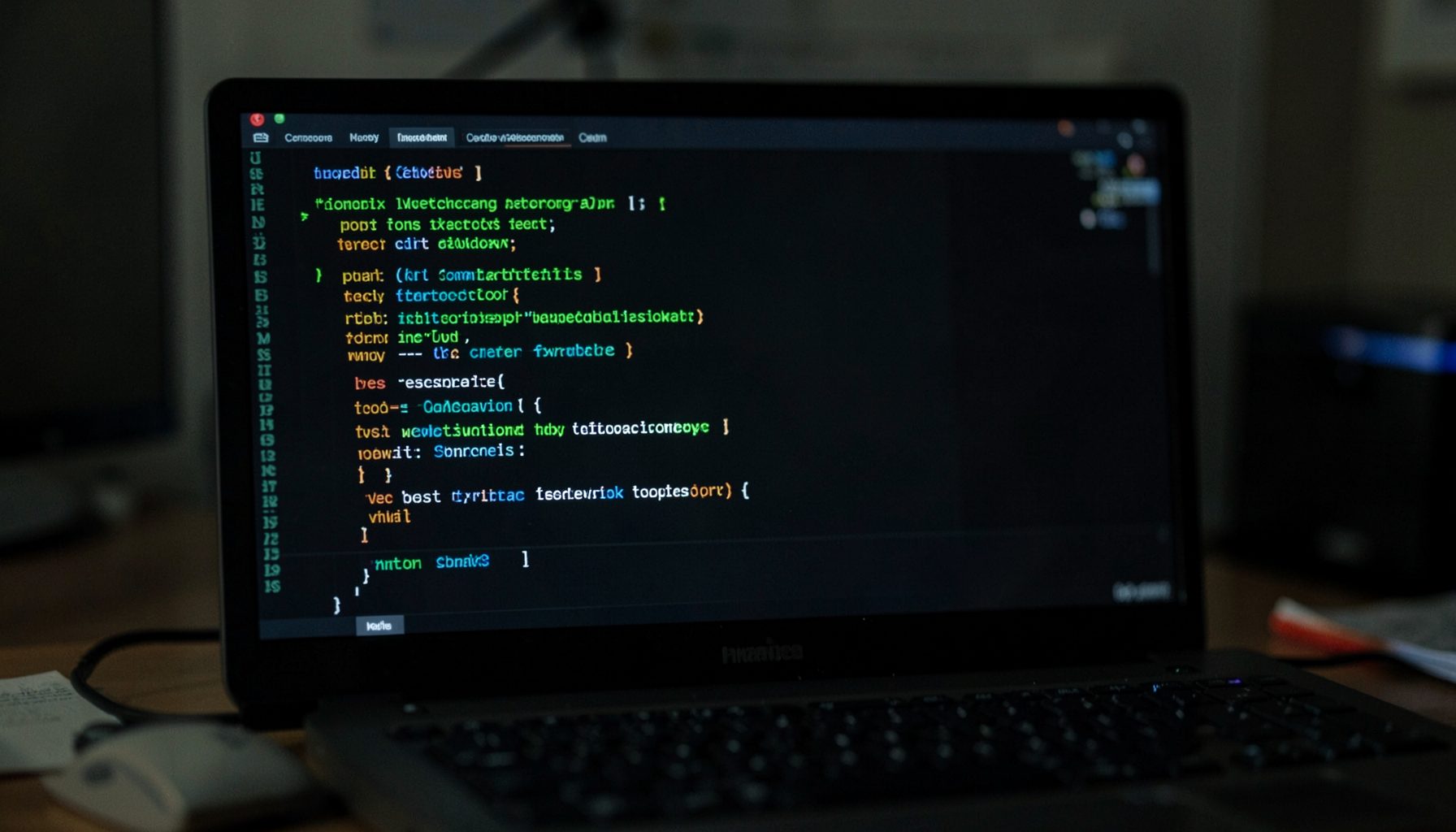 Dark terminal window with green and white command-line text on a dimly lit desk, conveying a focused technical atmosphere