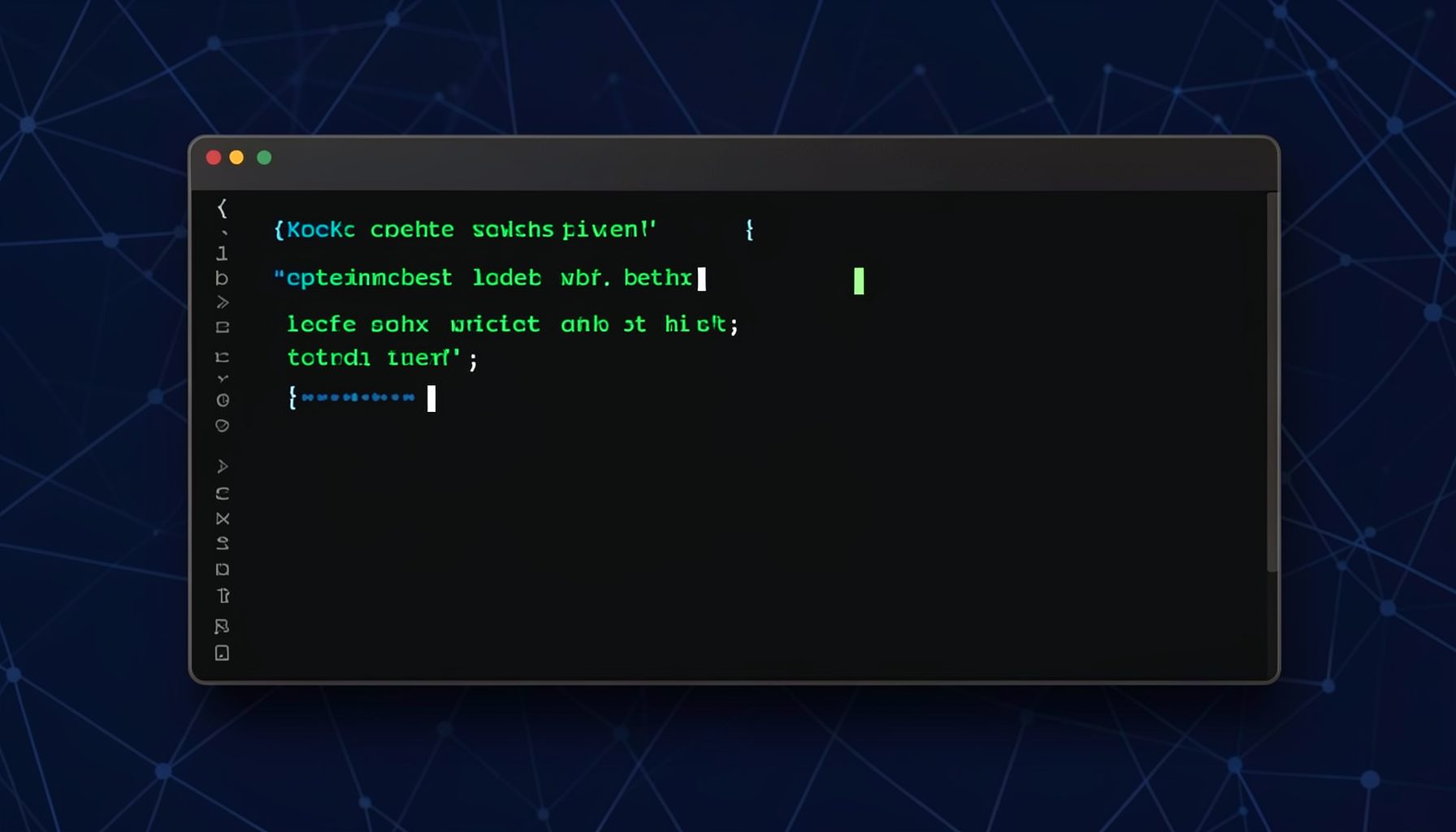 Dark terminal window with green command-line text and a blinking cursor, set against a deep navy background with subtle grid lines